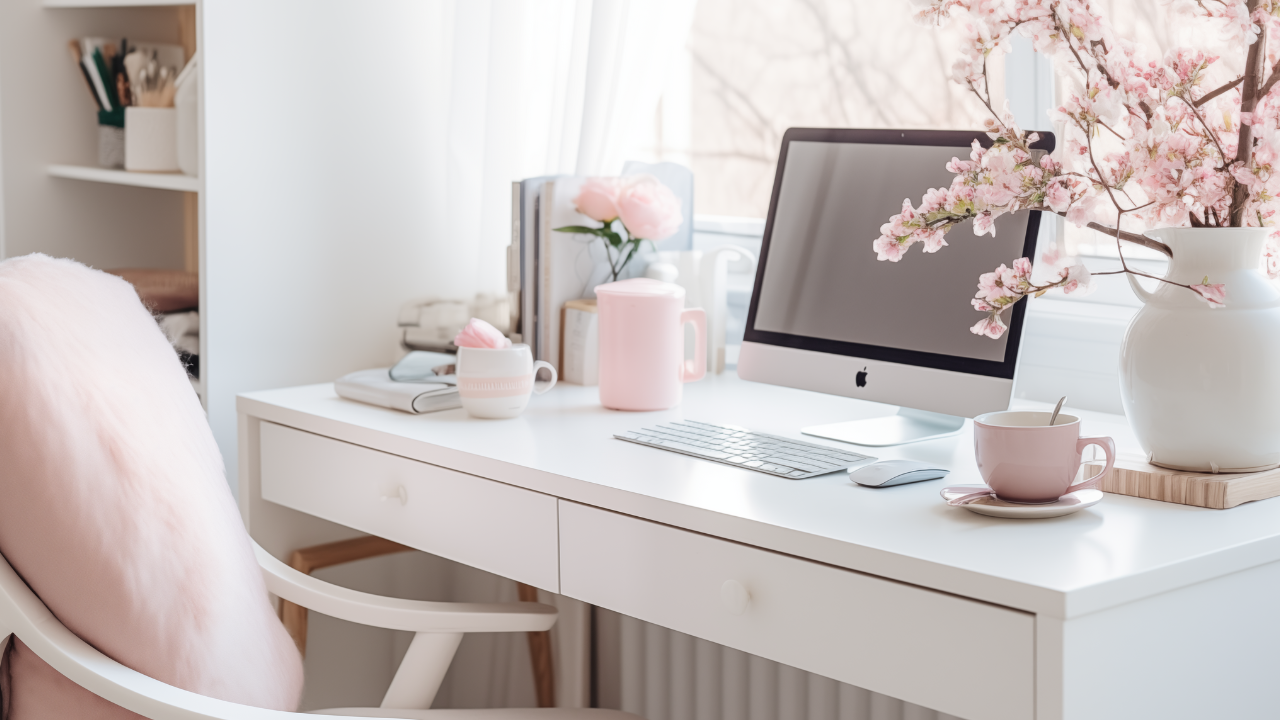 An image of a white desk with soft pink and white chair. There is an imac computer sitting on top of the desk with a vase and soft pink flowers beside it.