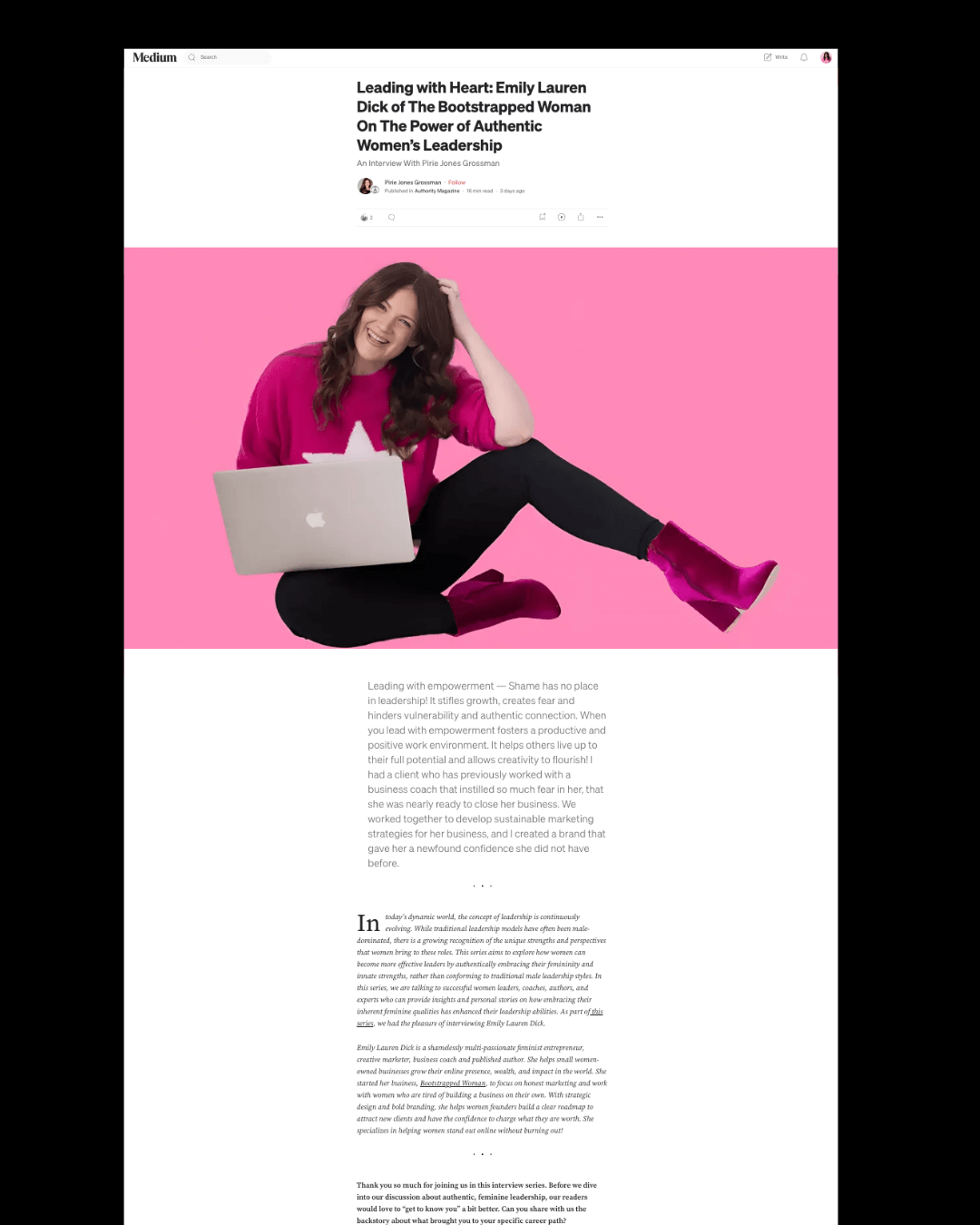 Image of the article hosted on Medium with Emily sitting in pink shirt holding laptop.