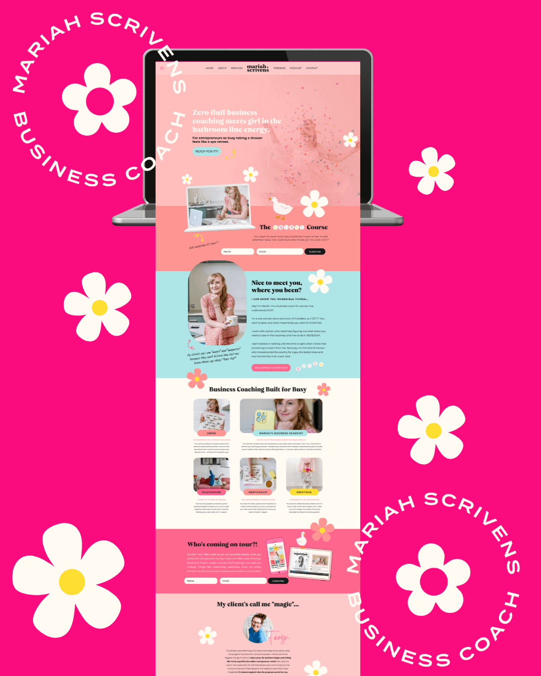 Image of Mariah's Website with daisies surrounding it on a pink background.